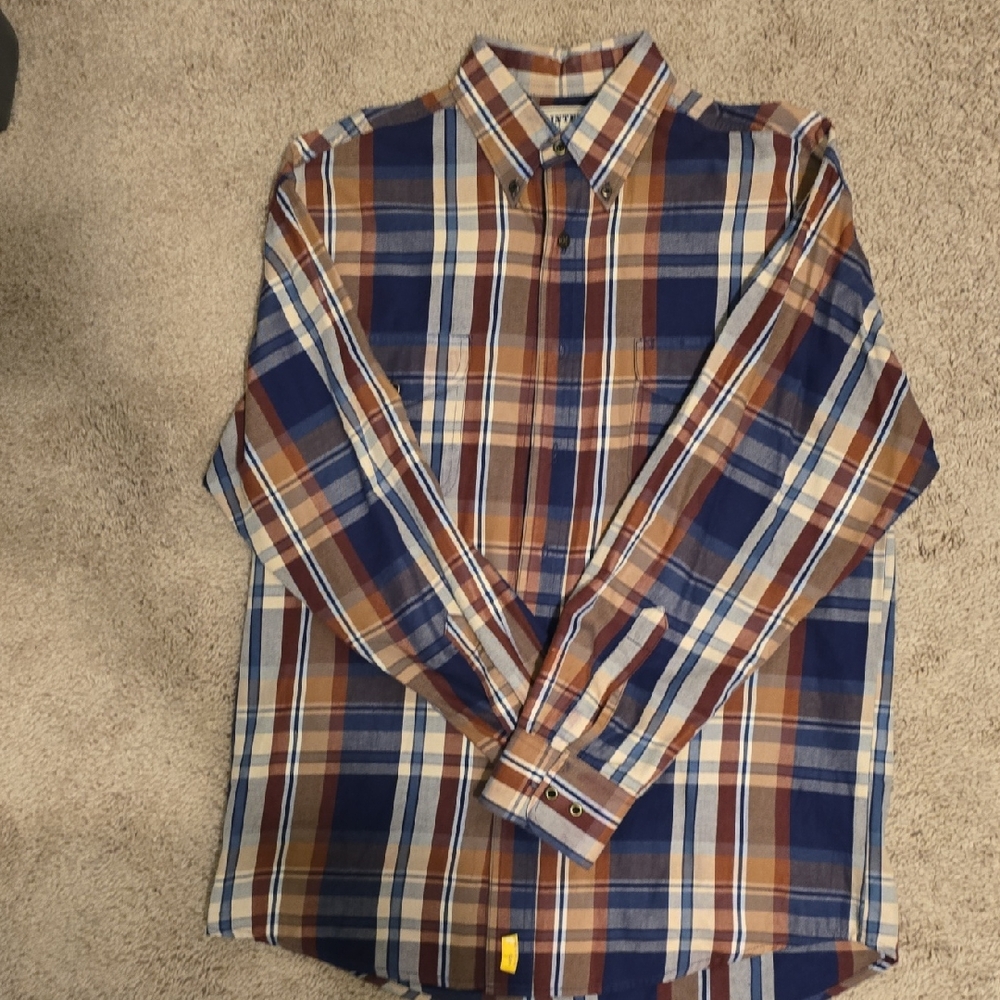 Wrangler Men's Plaid Long Sleeve Shirt - Blue, Brown, and White, Medium